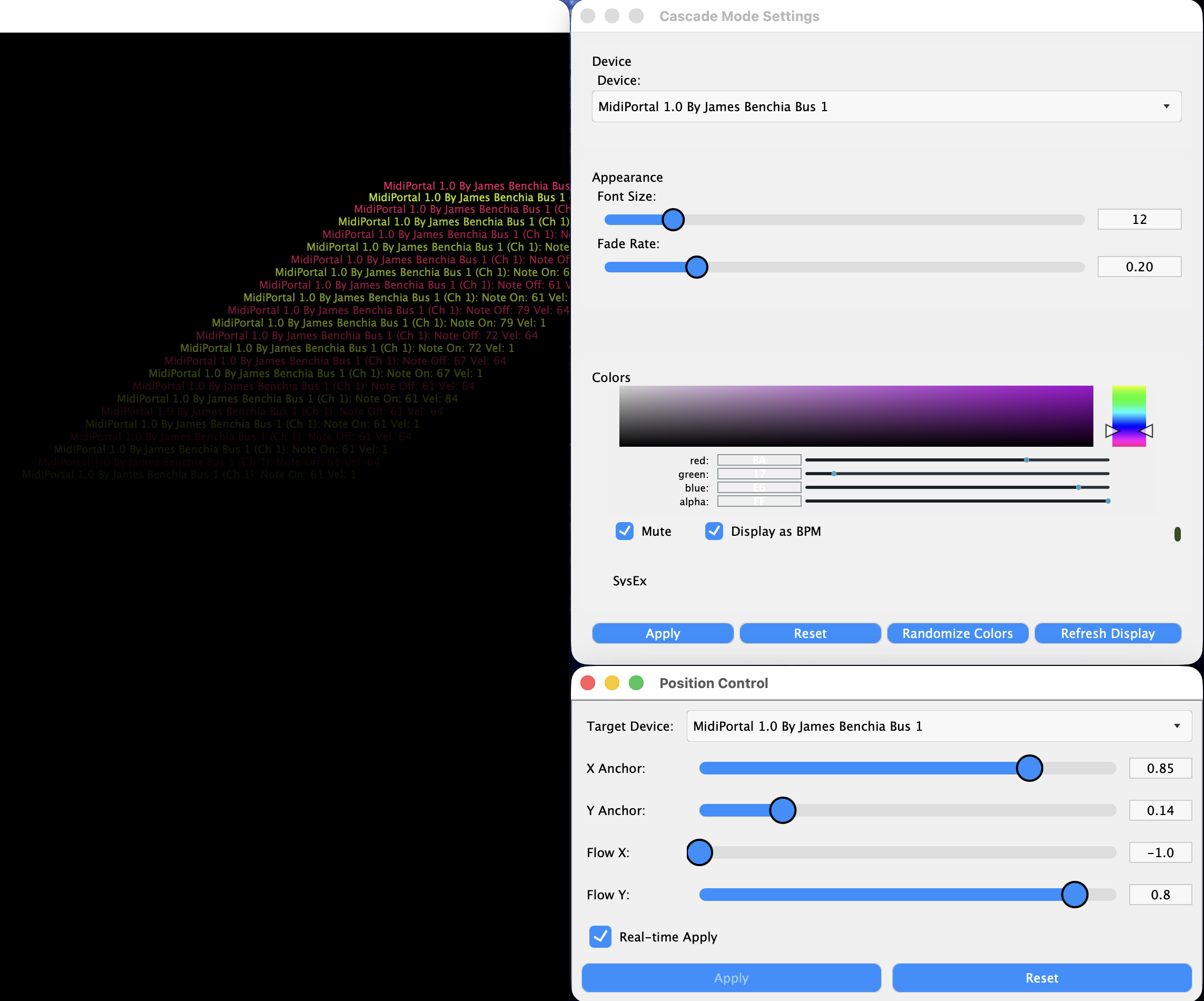 MIDI Portal device settings and override mode